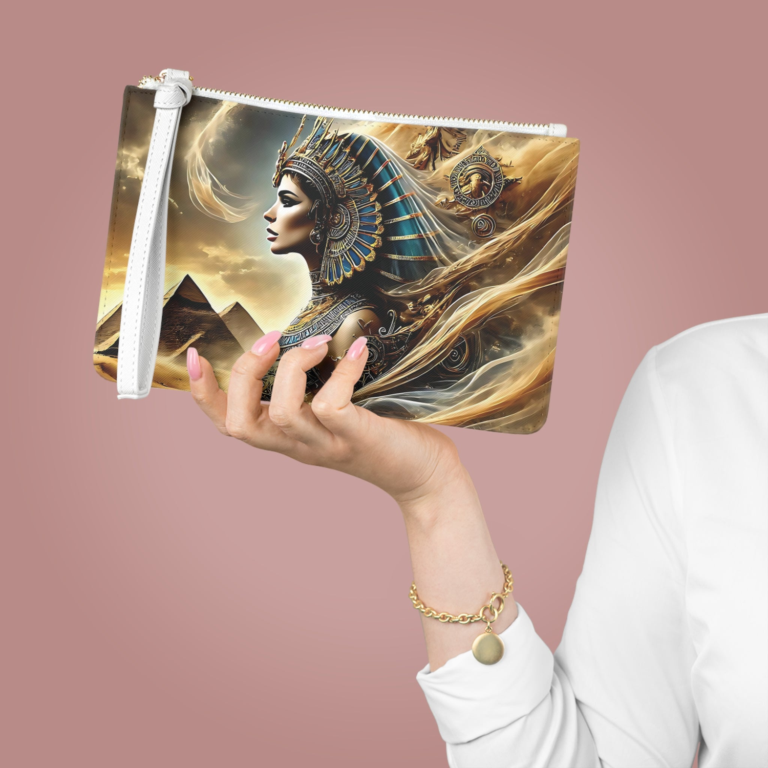 Futuristic Egyptian queen tote bag with a metallic design, hieroglyphics, and black handles. Set against pyramids under a starry night sky, blending ancient and modern art.