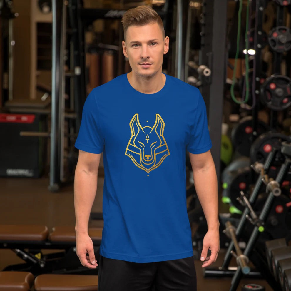 White t-shirt featuring a gold-textured Eye of Horus design, symbolizing protection and wisdom. A blend of ancient Egyptian heritage and modern minimalist fashion.